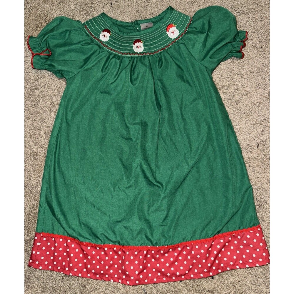 Girls Green and Red Polka Dot Smocked Santa Claus Christmas Dress Size 6